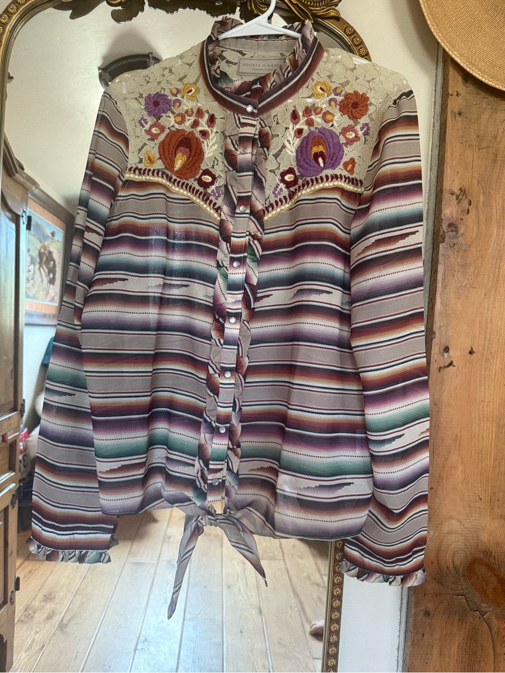 Double D Ranch Striped Embroidered Tie-Hem Button-Down in Mauve and Cream